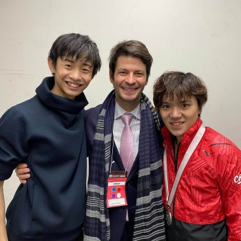 島田高志郎とコーチと宇野昌磨の画像